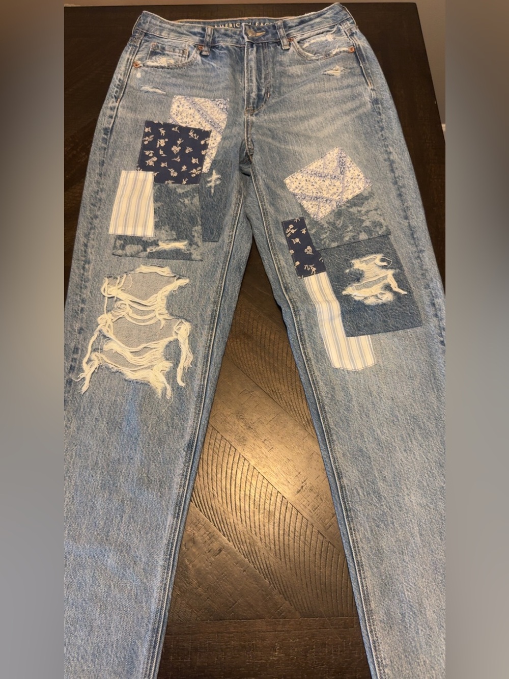 American Eagle Light Wash Patchwork Distressed Jeans